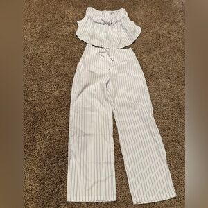White Ruffled Jumpsuit with Pinstripes